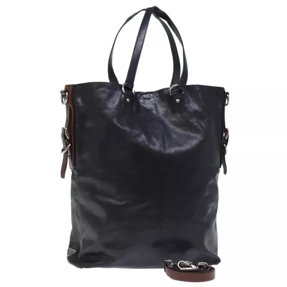 PRADA Hand Bag Leather 2way Black Brown Auth